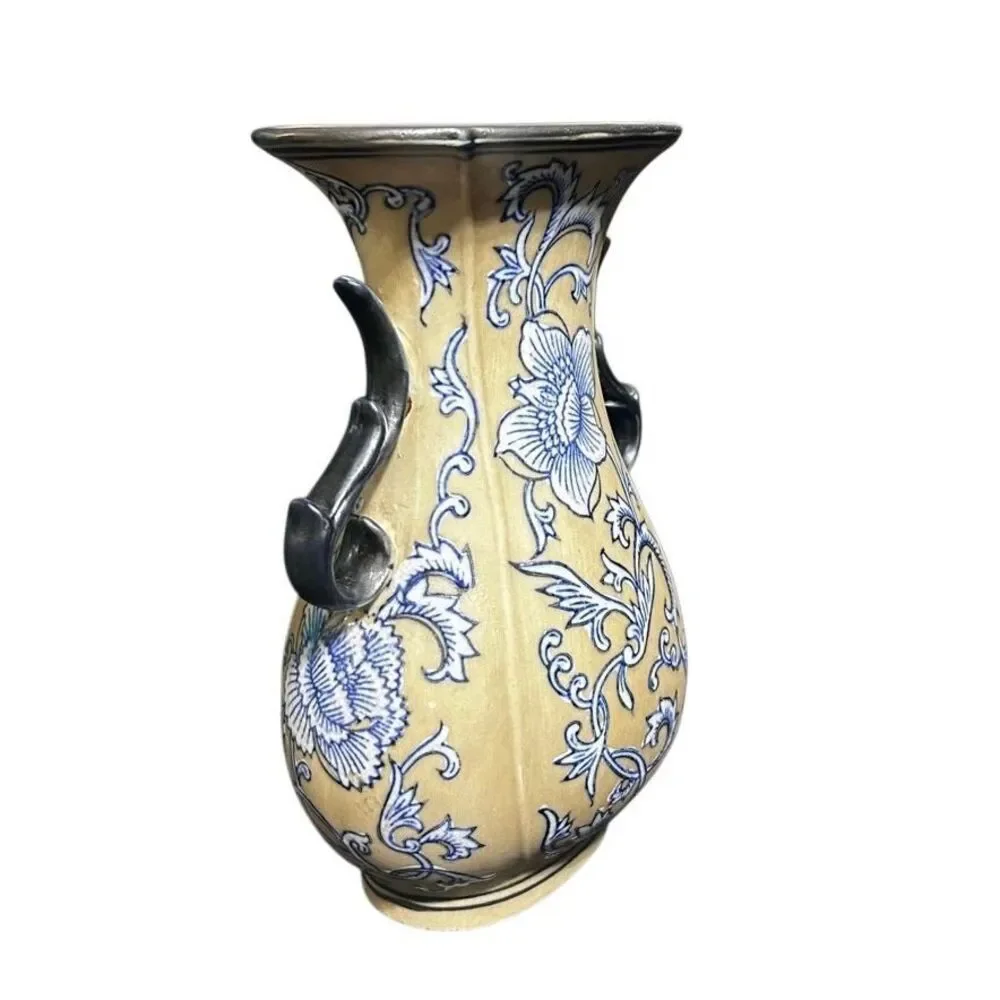 Vintage Formalities By Bauym Bros. Stoneware Vase Medium Blue Tan Floral Ceramic